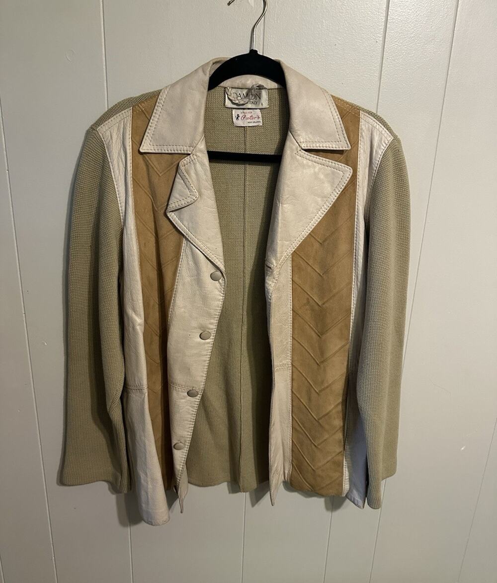 Damon Women’s Vintage Leather Button Jacket Lined Notch Collar Beige/Tan L